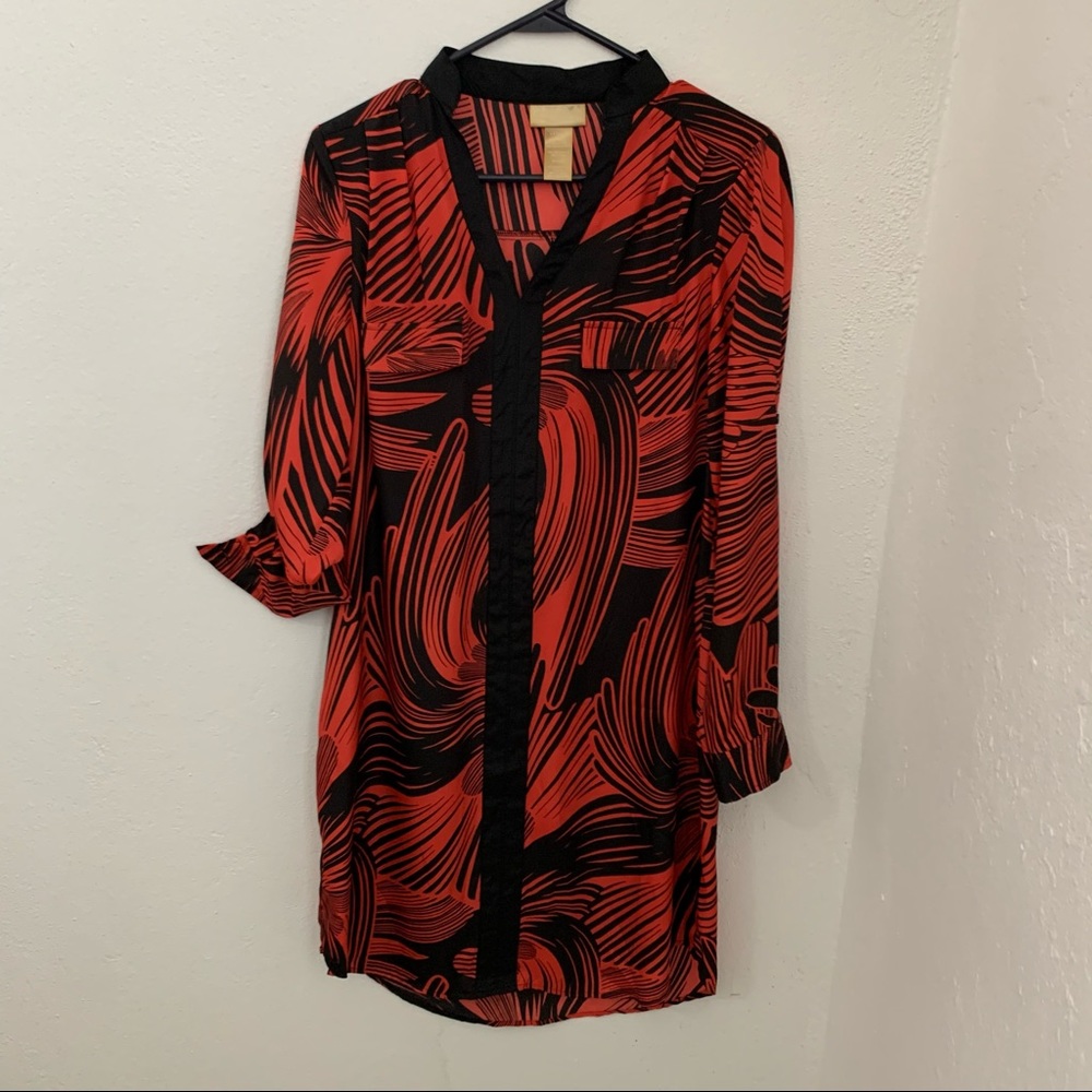 Miss Tina Roll Tab Sleeve Red & Black Print Dress